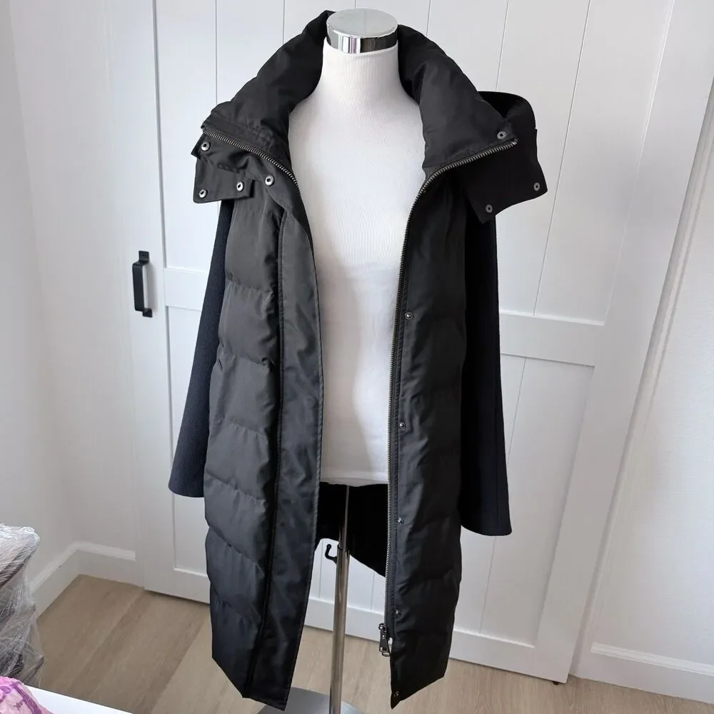 Quiet Luxury Minimalist Wool Blend Mixed Media Puffer Coat M Black Navy Jason Wu